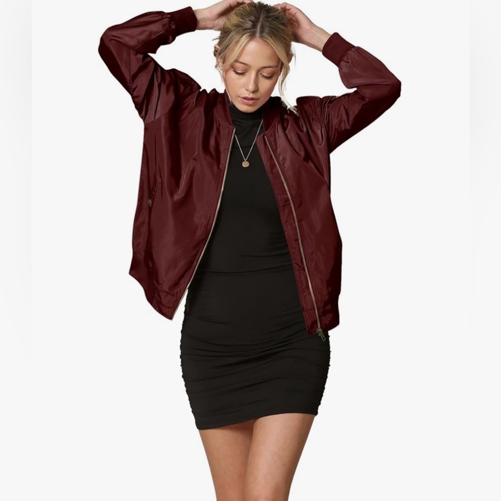 Classic Lightweight Jacket Multi Pocket Windbreaker Bomber Jacket -wine